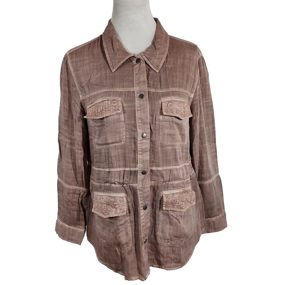 Hinge Seattle Nordstrom Embroidered Pockets Snap Front Long Sleeve Shirt Top S